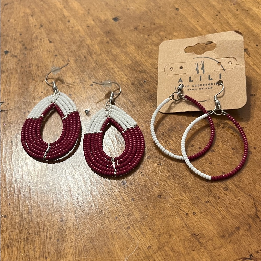 Two Pairs of Maroon and White Beaded Earrings